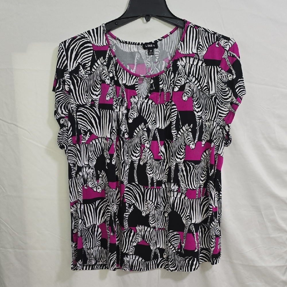 Links Women's Plus 2X Zebra Print Keyhole Pink Black Blouse